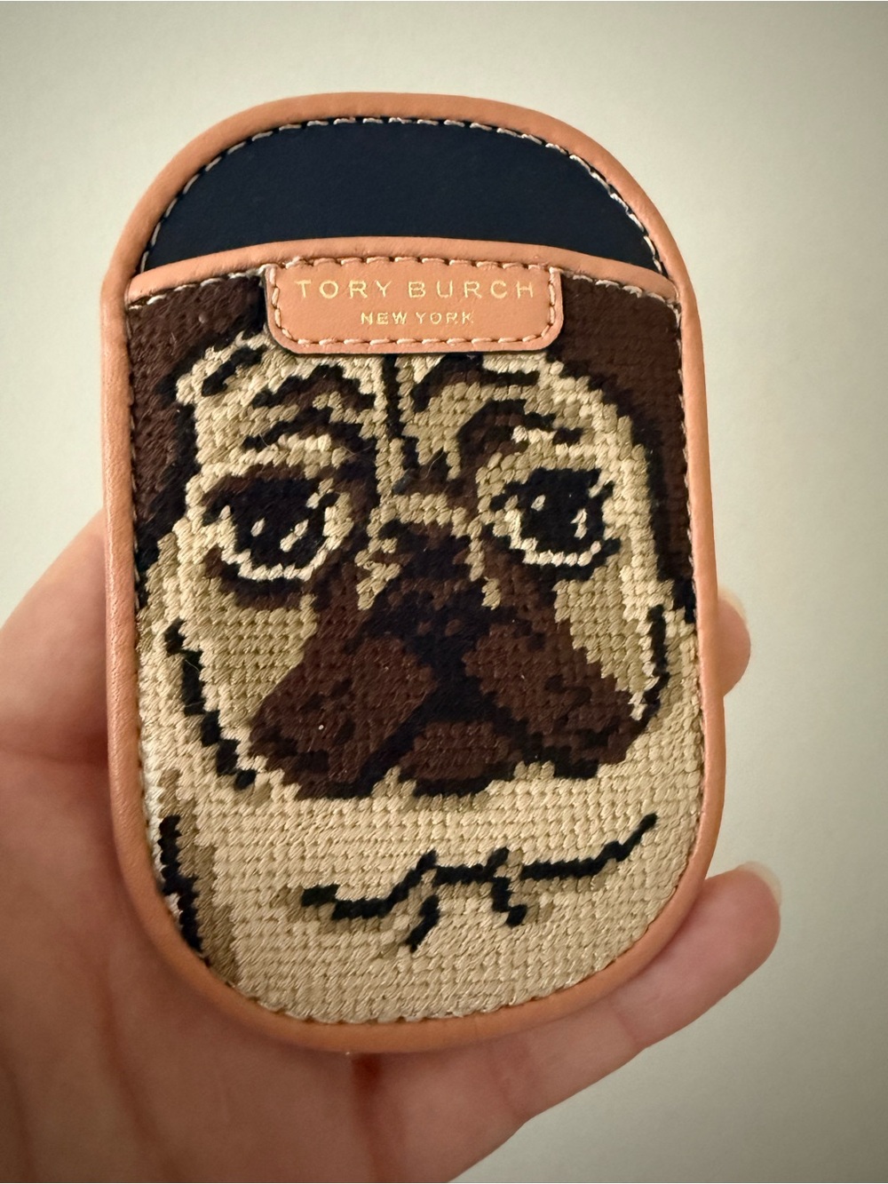 Tory Burch Pug Needlepoint Card Case in Tan, Brown & Navy